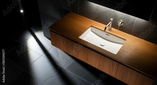 Modern bathroom sink with wooden vanity, faucet and dark tiled walls under focused lighting setup.