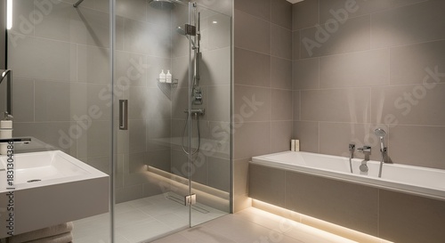 Contemporary bathroom featuring clean lines, neutral tones, and ambient lighting accents the design.