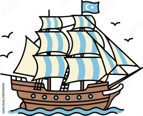 A vector illustration of a wooden sailing ship featuring blue and white striped sails, seagulls flying overhead, and a flag displaying a crescent moon and star.