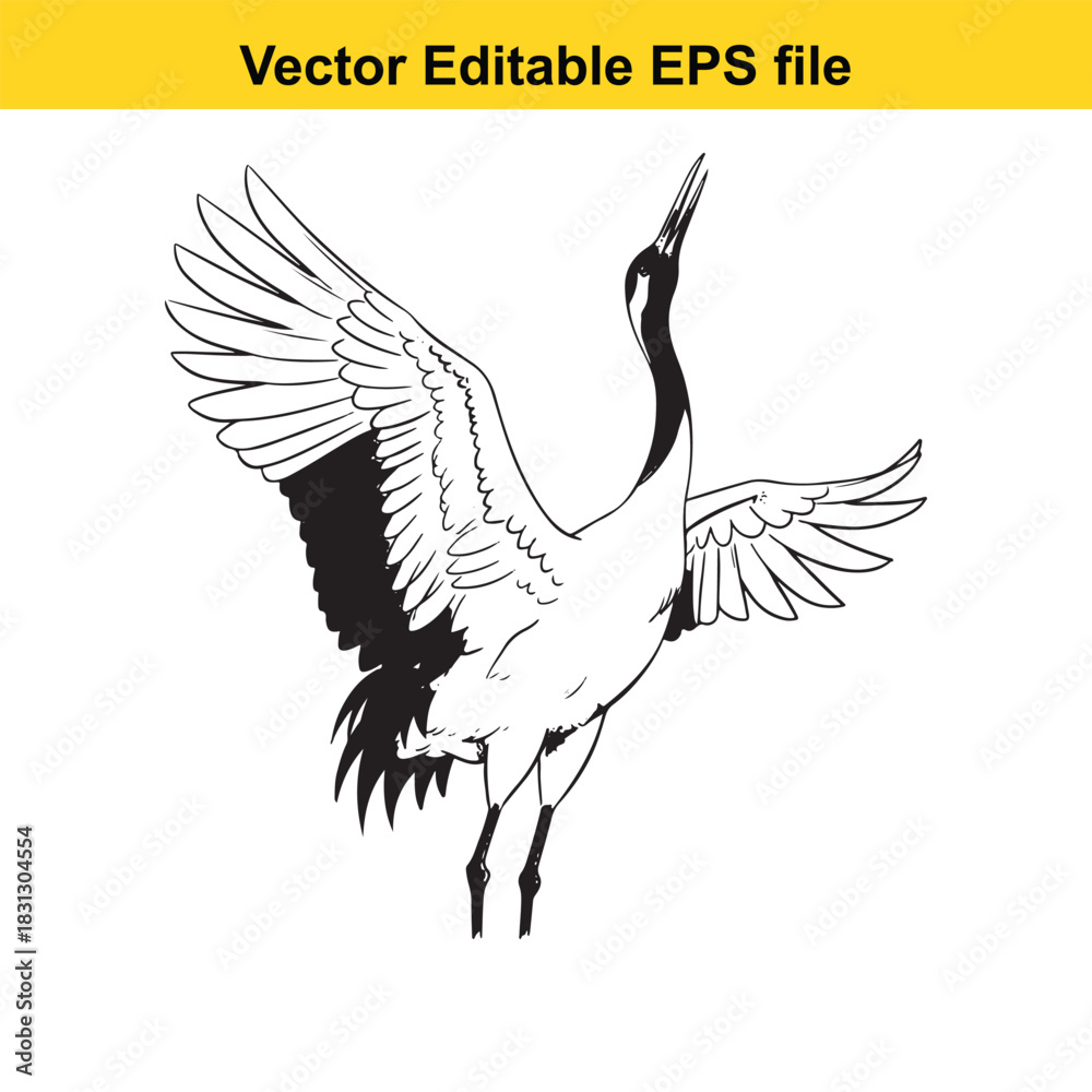 Naklejka premium Black and white vector illustration of a majestic japanese redcrowned crane with wings spread wide, isolated on white background