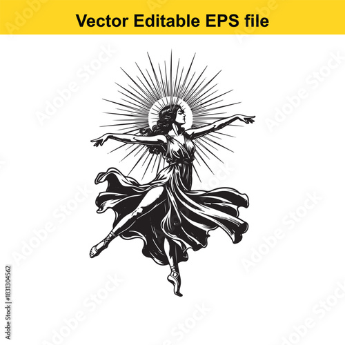 Elegant black and white vector illustration of a dancing goddess or muse figure with flowing dress and radiant sunburst halo, isolated on white background