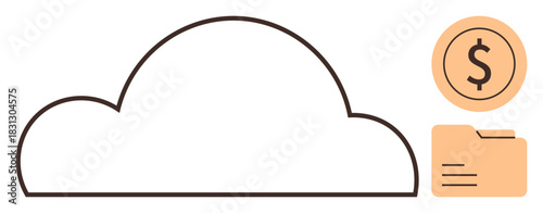 Cloud outline linked with document folder and monetary coin icon, emphasizing digital storage, file management, cost efficiency, financial strategies. Ideal for data management, finance, digital