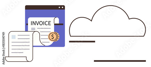 Invoice documents with currency coin, web page layout, and cloud outline. Ideal for finance, technology, remote work, cloud storage, digital payments accounting online business. Simple flat