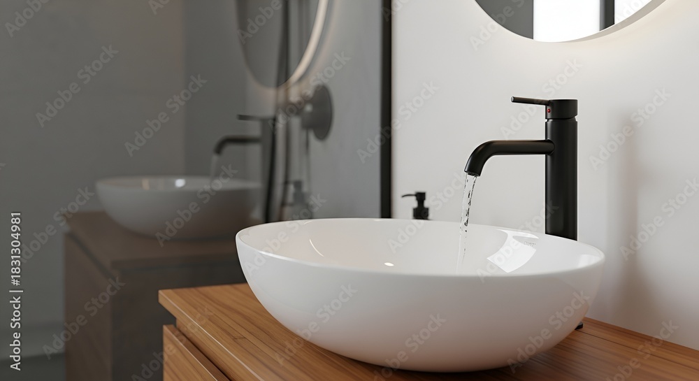 Fototapeta premium Modern bathroom featuring a vessel sink with a black faucet and running water on wooden counter