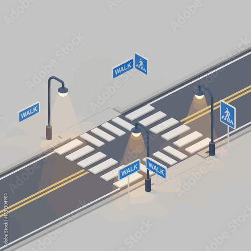 Isometric crosswalk with pedestrian signs and streetlights on asphalt road.