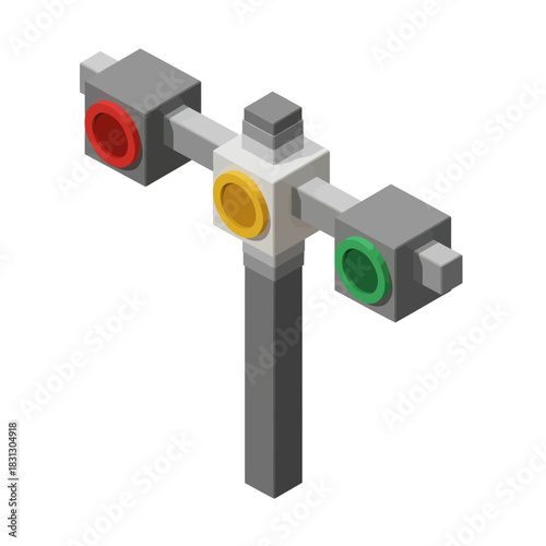 Isometric Traffic Light With Red Yellow Green Signals.