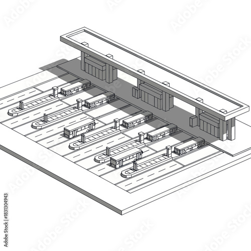 Modern Bus Station Architecture with Multiple Buses Lined Up.