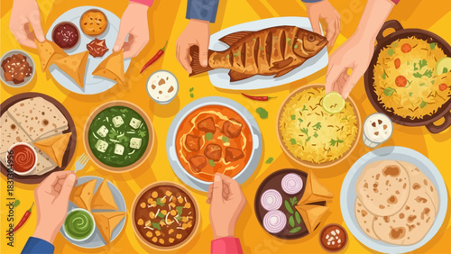 Vibrant Indian Feast Flat Lay Vector Illustration: Traditional Cuisine & Shared Dining Experience