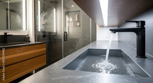 Modern bathroom features a square sink, black faucet, and running water, clean and minimal design