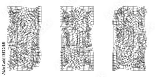 Distorted square grid. Warped mesh texture. Retro punk design elements. Wireframe wave geometry grid. Curved mesh elements. Vector illustration