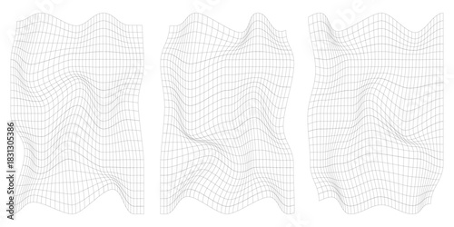 Distorted square grid. Warped mesh texture. Retro punk design elements. Wireframe wave geometry grid. Curved mesh elements. Vector illustration