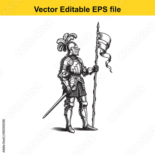 Vintage engraving of a medieval knight in full plate armor holding a sword and a banner, isolated on white background