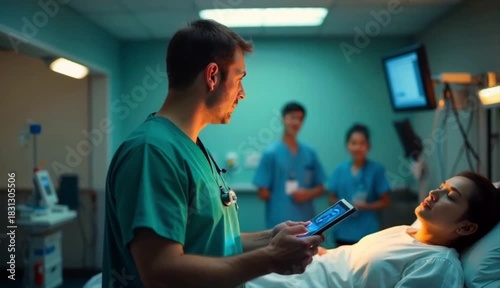 Doctor examines patient in hospital room using tablet while medical staff watches on