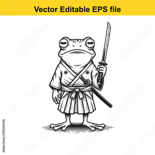 Black and white vector illustration of a serious frog dressed in traditional samurai armor holding a katana sword, isolated on white background