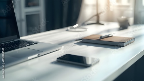 Laptop and notebook on a white desk top