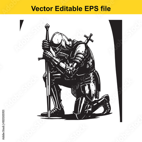 Black and white vector illustration of a medieval knight in full armor kneeling in prayer or defeat holding a large sword upright, isolated on white background
