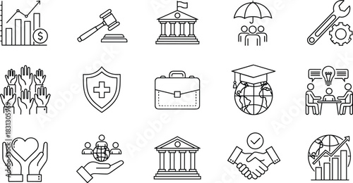 Global Business, Finance, and Law Line Icons Set, Including Growth Graph, Education, Government Building, Insurance, Social Responsibility, and Agreement Vector