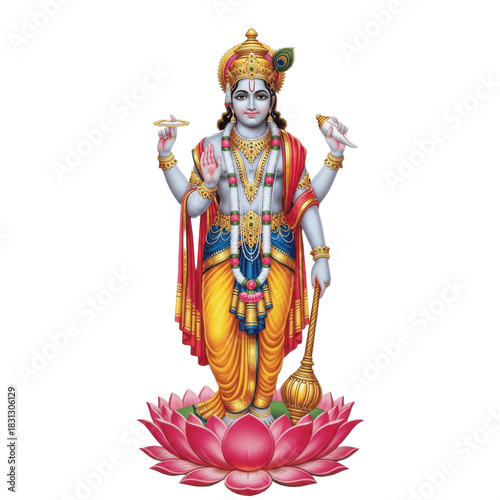 Hindu God Lord Vishnu Standing on Lotus with Mace Conch Chakra and Peacock Crown PNG Oil Paint