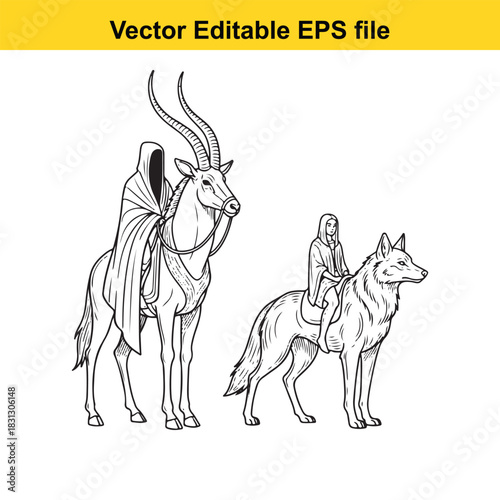 Black and white line art drawing of two figures, one hooded rider on a large antelope and another person riding a wolf, isolated on white background