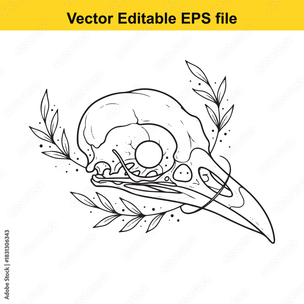 Obraz premium Black and white line art illustration of a bird skull with stylized leaves and branches, isolated on white background