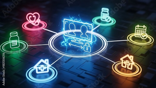 Telemedicine and Remote Healthcare Services Concept with Glowing Icons.