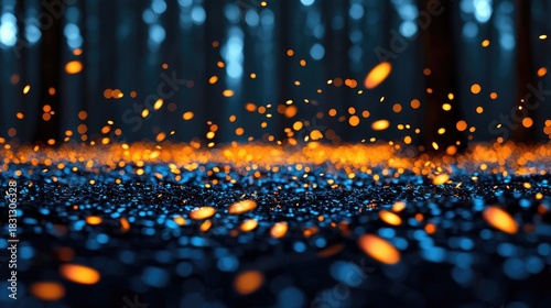 Abstract image of glowing particles falling in a dark forest at night, with a bokeh effect.