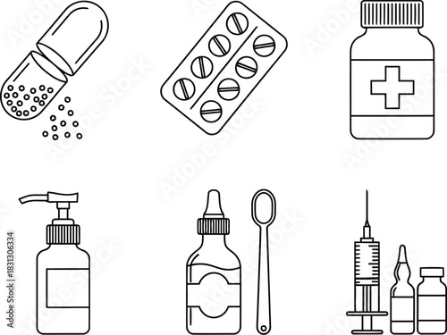 Line art medical icons set: capsule, pills, syringe, bottles. pharmacy healthcare symbols