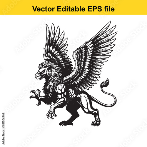 Black and white vector illustration of a fierce griffin creature with eagle head and lion body, isolated on white background