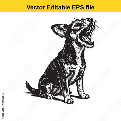 Engraving style vector illustration of a small terrier dog sitting and yawning widely with mouth open, isolated on white background