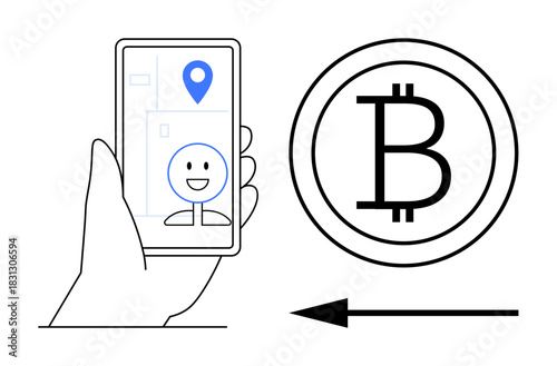 Cryptocurrency concept. Bitcoin symbol alongside mobile app interface highlights digital transactions. Cryptocurrency showcases blockchain technology and online security. For fintech, online
