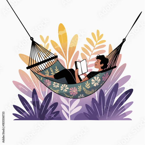 floral hammock retreat: colorful foliage and quiet reading moment in a suspended sanctuary
