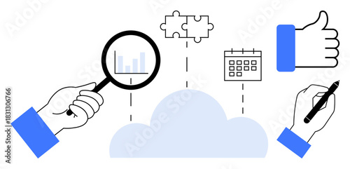 Cloud collaboration. Icons cloud-based teamwork with analysis, task scheduling, and approval processes. Cloud collaboration boosting productivity and flexibility. Great for productivity solutions