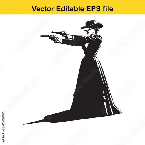 Black and white vector illustration of a determined female gunslinger or cowgirl in a long dress holding two revolvers ready to shoot, isolated on white background