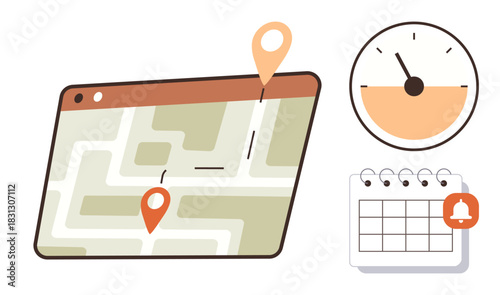 Map with location pins, analog speedometer, and calendar with reminder. Ideal for navigation, travel, planning, scheduling, efficiency time management organization. A modern and simple flat
