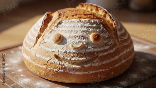 Whimsical Sourdough Bread with a Smiling Face Decoration.