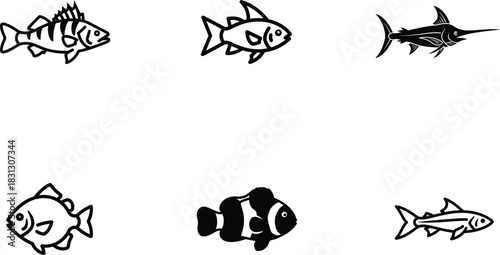 Assorted Fish Icons Displaying Diversity in Aquatic Wildlife Design Vector Illustration for Nature Lovers and Marine Biology Enthusiasts Seeking Visual Resources