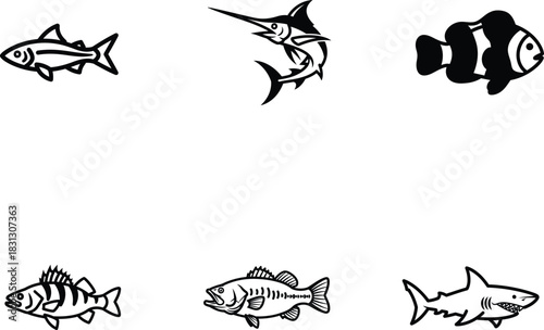 Assorted fish species in monochrome graphic design showcasing a variety of marine life and illustrating underwater biodiversity in a clean and minimalist aesthetic appealing for educational material