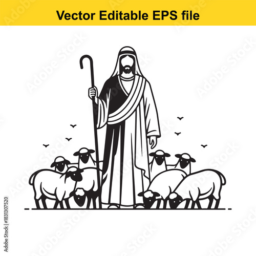 Black and white vector illustration of a biblical shepherd with a crook standing among a flock of sheep, isolated on white background
