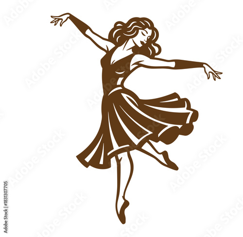 Elegant silhouette of a ballerina in graceful pose against a clean white background