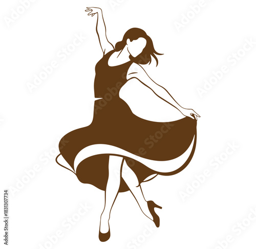 Elegant silhouetted illustration of a graceful female dancer in flowing dress isolated