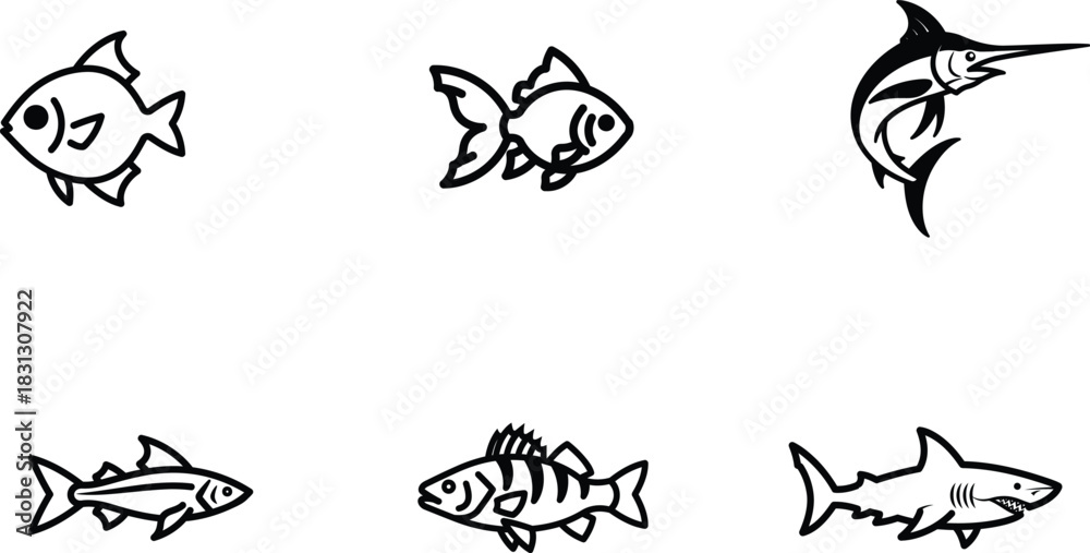 Fototapeta premium Variety of fish species in simple line art illustrations displaying different marine animals and representing the oceans diversity and beauty suitable for educational materials or graphic designs