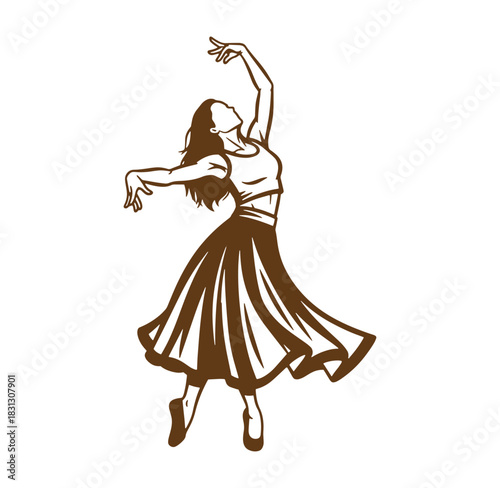 Silhouette of a graceful female dancer performing ballet with flowing skirt and artistic expression