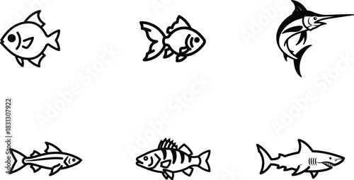 Variety of fish species in simple line art illustrations displaying different marine animals and representing the oceans diversity and beauty suitable for educational materials or graphic designs