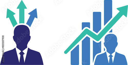 Business growth strategy, leadership, decision making, performance increase and success icons