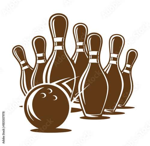 Vector illustration of a bowling ball and pins arranged for a strike on a white background
