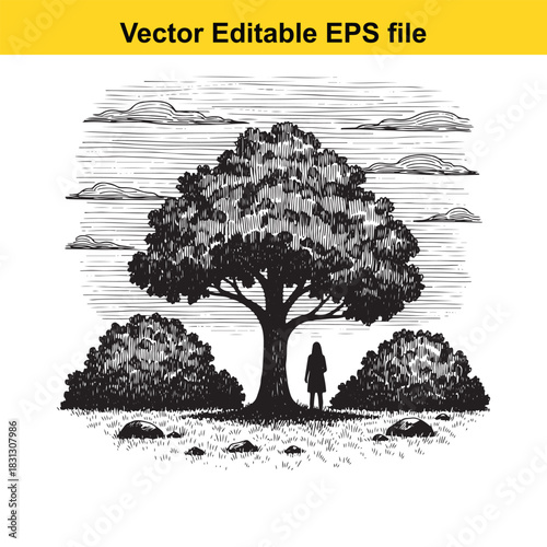 Vintage woodcut style illustration of a solitary person standing beneath a large, dense oak tree in a field with bushes and clouds overhead, black and white