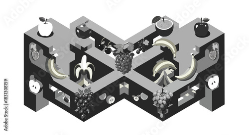 isometric fruit maze a playful optical illusion with apples grapes bananas showcasing a healthy eating concept for creative designs presentations