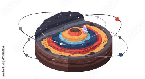 layers of the earth structure model with crystalline formations orbiting planets ideal for geological studies and scientific visualizations.
