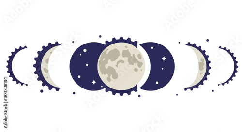 moon phases gear depicting the lunar cycle with cogwheel borders against a star-filled night ideal for science education and astronomy enthusiasts.