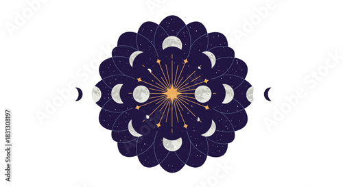 Moon phases illustration with golden starburst representing lunar cycle set against a night sky background for astrology astronomy and cosmic themes.